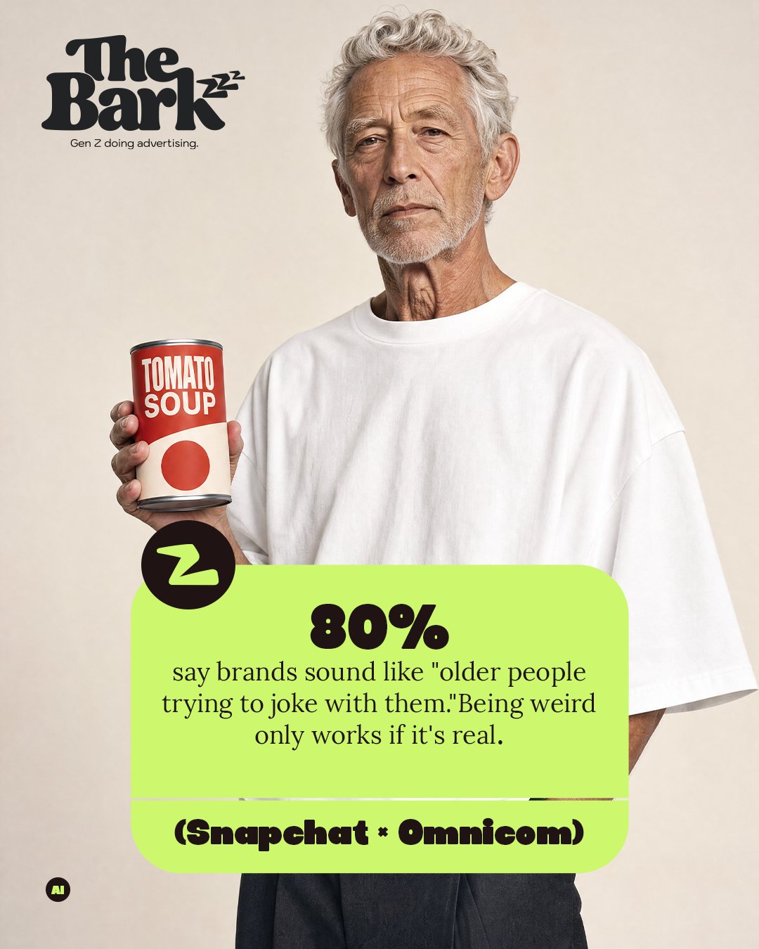 Post: 80% say brands sound like older people trying to joke with them. Being weird only works if it's real. Snapchat × Omnicom.